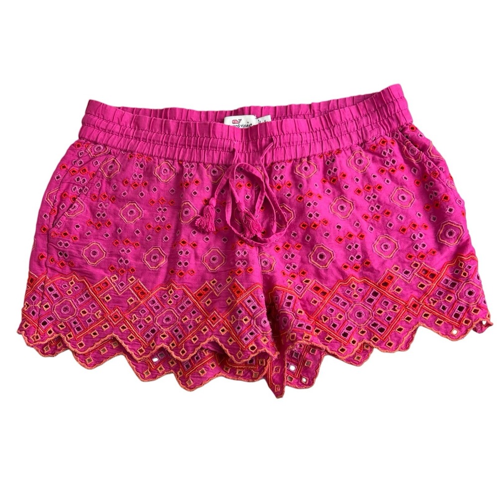 Vineyard Vines Womens Small Pink Eyelet 3" Inseam Drawstring Scalloped Hem Short